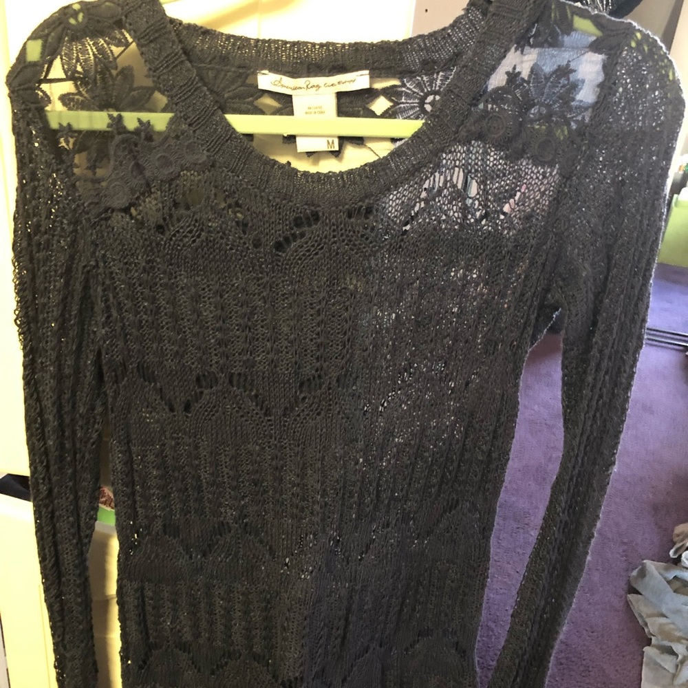 Navy sweater, lace shoulders